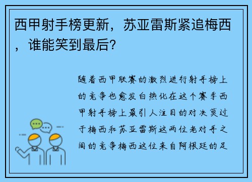 西甲射手榜更新，苏亚雷斯紧追梅西，谁能笑到最后？